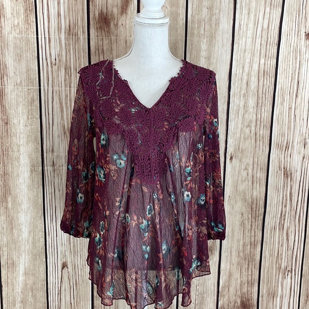 Vintage America Blues Burgundy Floral Blouse New Condition Small